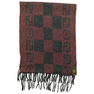 Fendi Red Grey Zucca Print Logo Fringe Wool Scarf